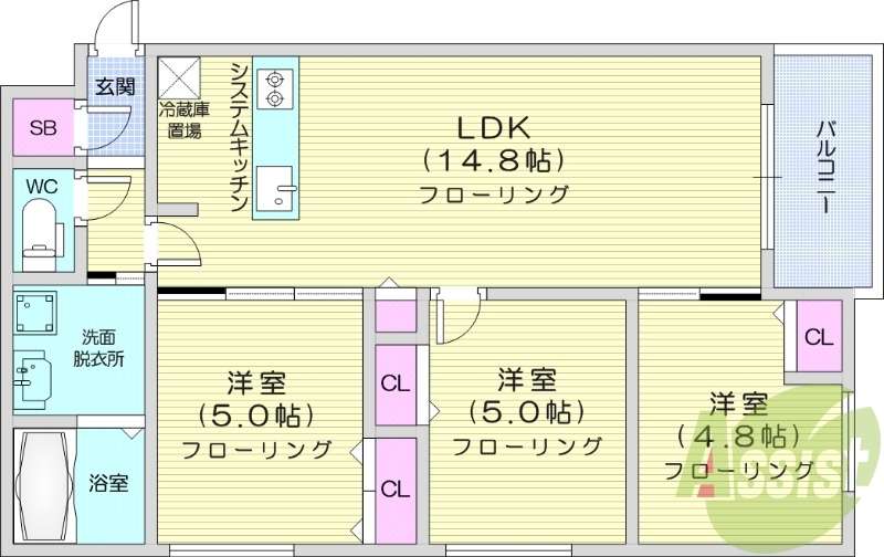 3LDK、エアコン、システムキッチン、独立洗面台