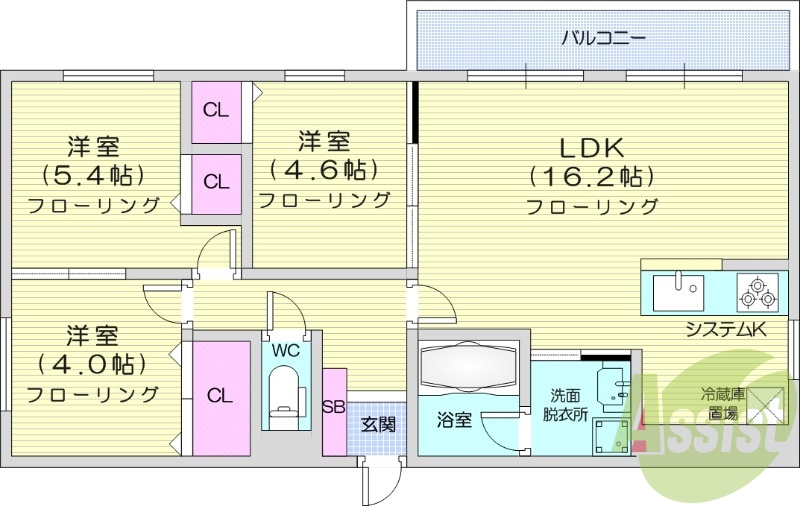 3LDK、エアコン、灯油暖房、システムキッチン