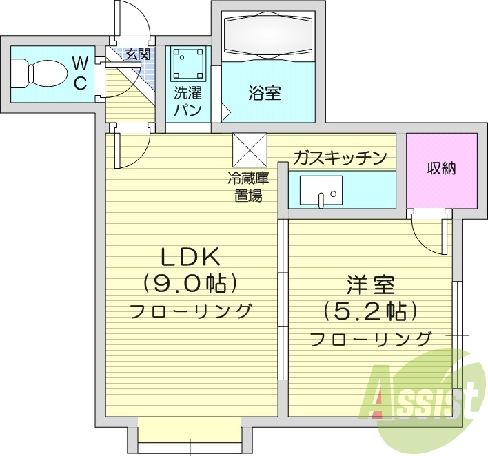 1LDK、灯油暖房、バストイレ別、ネット無料、最上階