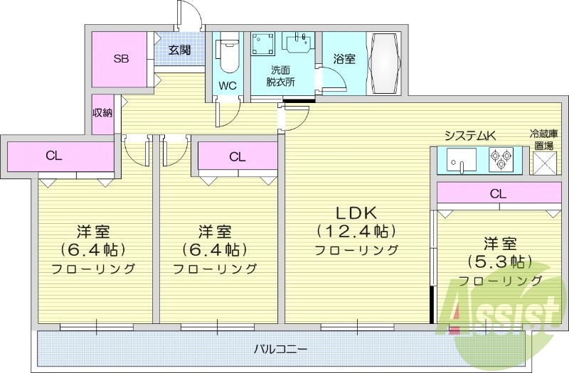 3LDK、都市ガス、エアコン、システムキッチン、追い焚き