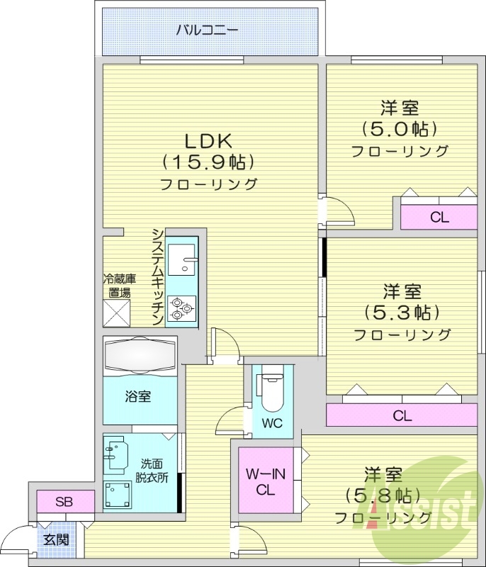 3LDK、都市ガス、エアコン、システムキッチン、追い焚き