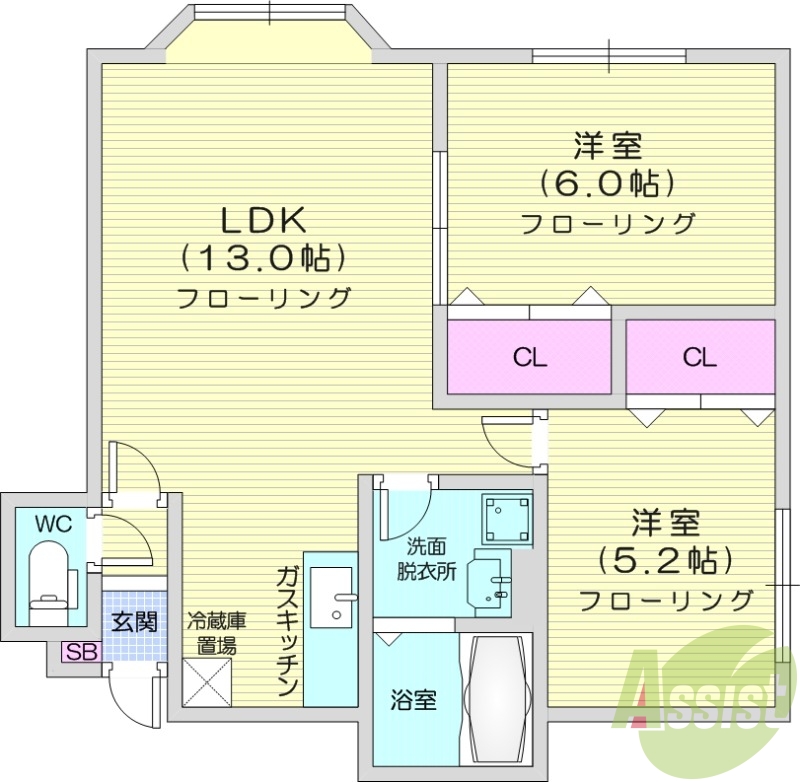2LDK、洗面脱衣所、バストイレ別、クローゼット