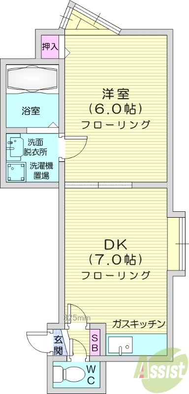 1DK、灯油暖房、独立洗面台、ガスキッチン