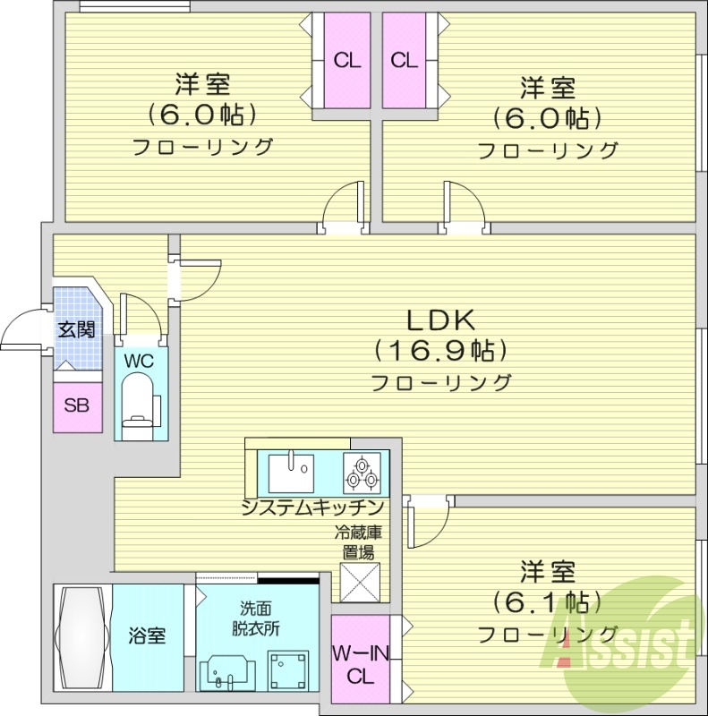 3LDK、都市ガス、エアコン、システムキッチン、追い焚き
