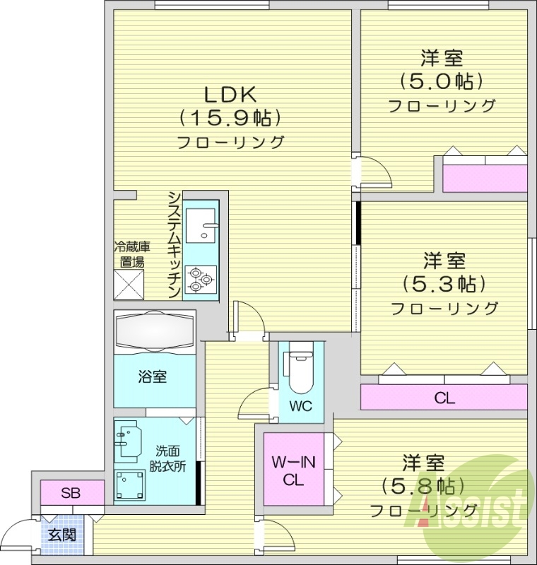 3LDK、都市ガス、エアコン、システムキッチン、追い焚き