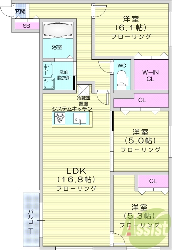 3LDK、都市ガス、エアコン、システムキッチン、追い焚き