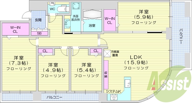 2LDK、システムキッチン、ウォークインクローゼット