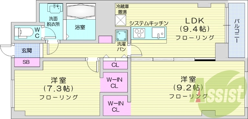 2DK、バストイレ別、シャンプードレッサー