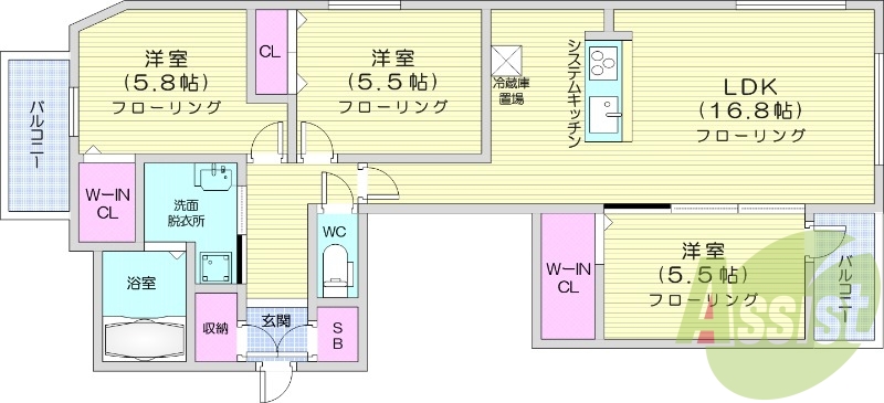 3LDK、エアコン、システムキッチン、シャンプードレッサー