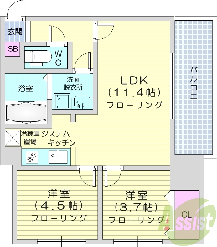 2LDK、都市ガス、モニター付きインターホン