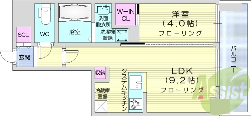 1LDK、ウォークインクローゼット、バルコニー、システムK