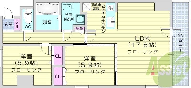 2LDK、システムキッチン、都市ガス、エレベーター