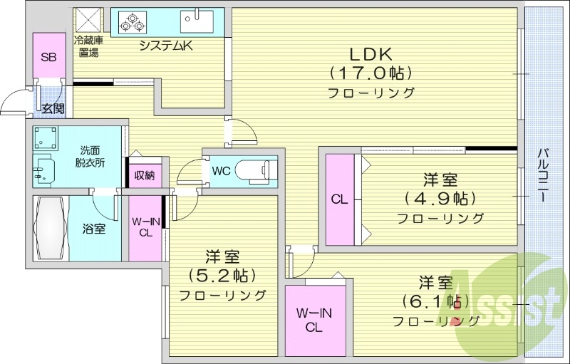 3LDK、エアコン、独立洗面台、システムキッチン
