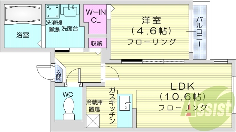 1LDK、対面キッチン、ウォークインクローゼット、エアコン