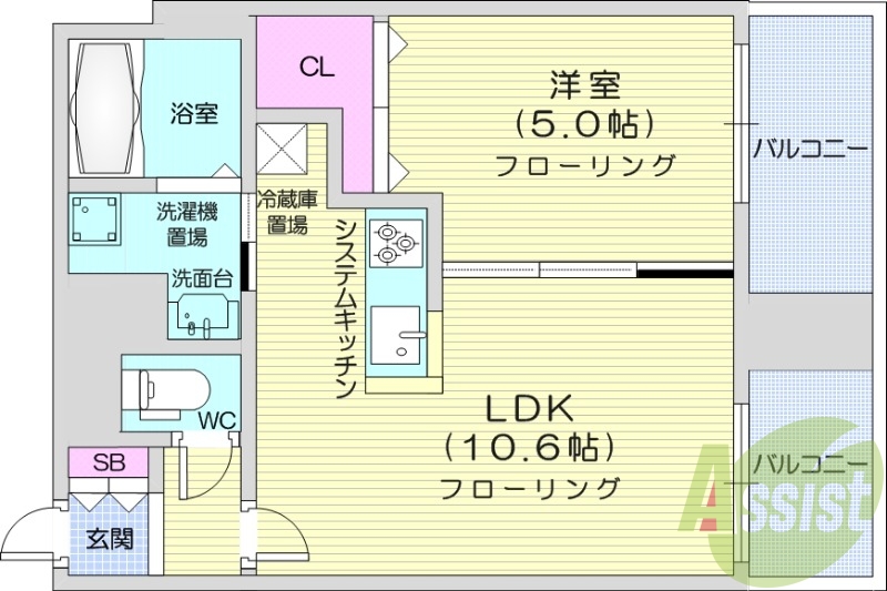 1LDK、都市ガス、エアコン、システムキッチン、