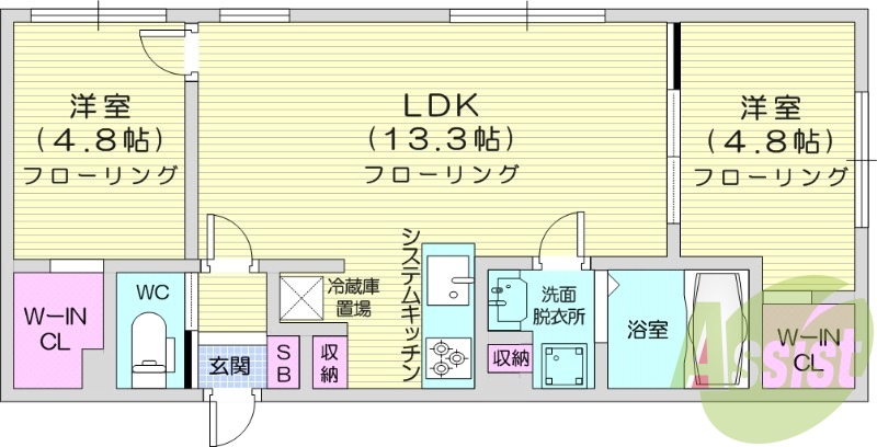 2LDK、エアコン、システムキッチン、ガスリミット制