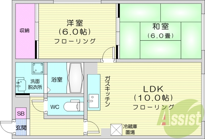 2LDK、角部屋、灯油暖房、ウォシュレット