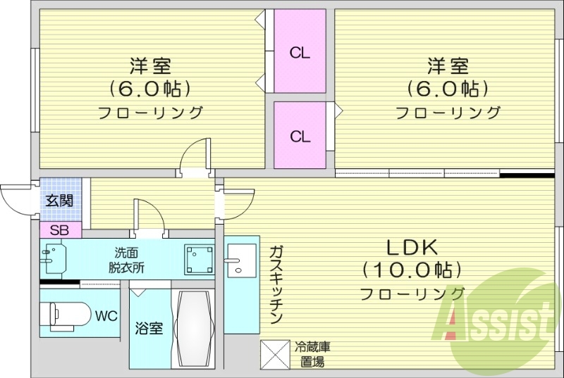 2LDK、角部屋、灯油暖房、ウォシュレット