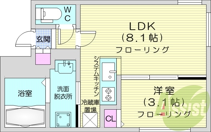 1LDK、都市ガス、エアコン、システムキッチン