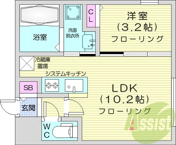 1LDK、都市ガス、エアコン、システムキッチン