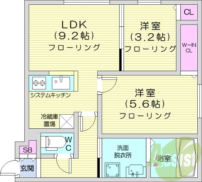 2LDK、都市ガス、エアコン、システムキッチン