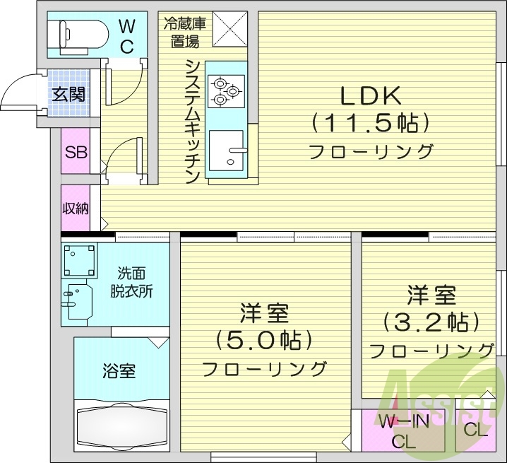 2LDK、都市ガス、エアコン、システムキッチン