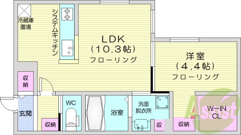 1LDK、都市ガス、エアコン、システムキッチン、