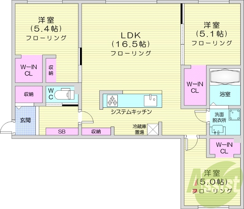 3LDK、都市ガス、エアコン、システムキッチン、