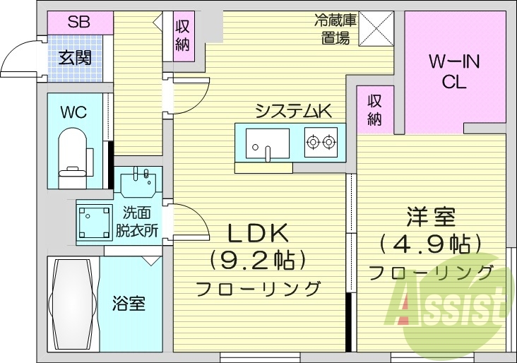 1LDK、都市ガス、エアコン、システムキッチン、