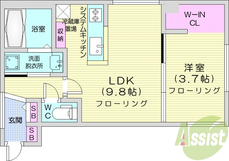 1LDK、エアコン、システムキッチン、ネット無料