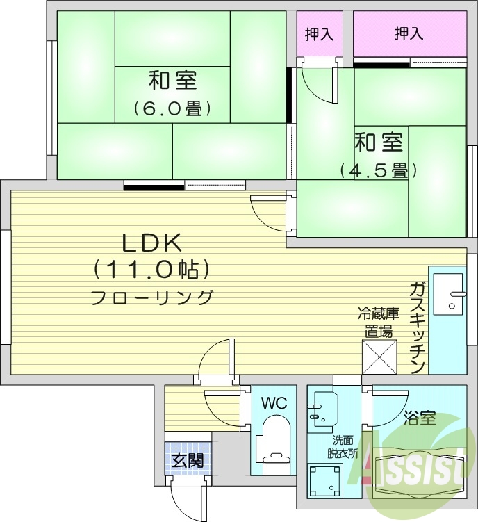2LDK、独立洗面台、灯油暖房、風呂トイレ別