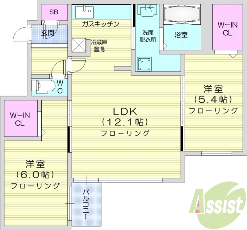 2LDK、バストイレ別、オートロック、灯油暖房