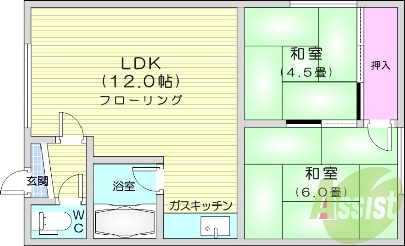 2LDK、灯油暖房、風呂トイレ別、トランクルーム