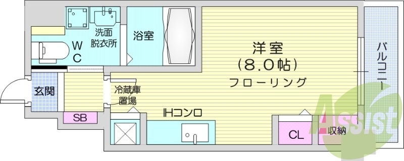 1K、オール電化、バルコニー、シャワートイレ
