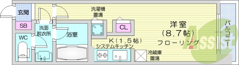 1K、都市ガス、エアコン、追い焚き、浴室乾燥機