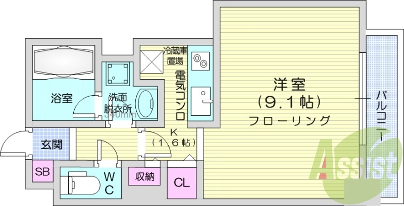 1K、オートロック、エアコン、独立洗面台、シャワートイレ