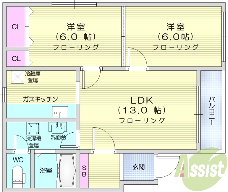 2LDK、天然ガス、エアコン、独立洗面台、光回線