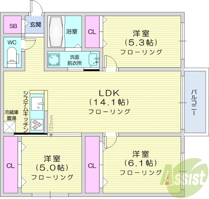 3LDK、追い焚き、都市ガス、システムキッチン