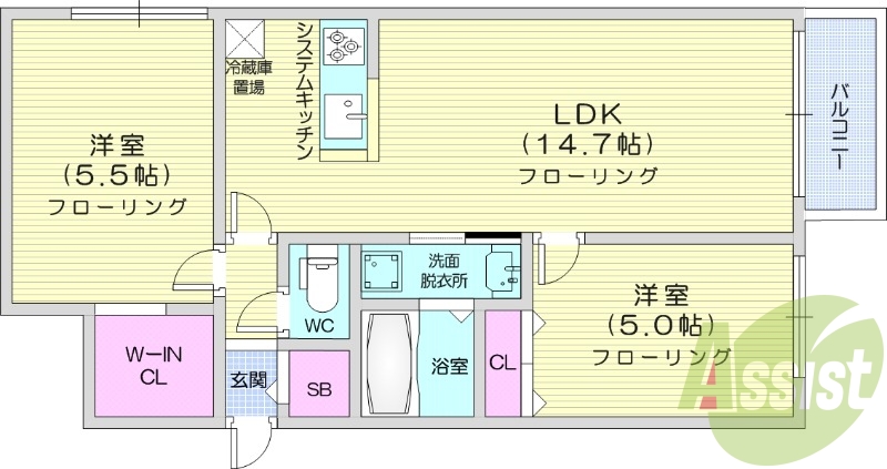 2LDK、追い焚き、都市ガス、システムキッチン