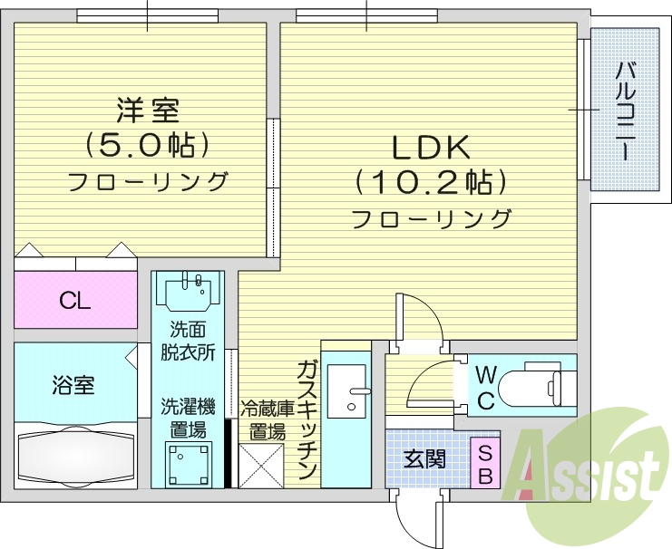 1LDK、灯油暖房、バルコニー、ネット使用料不要