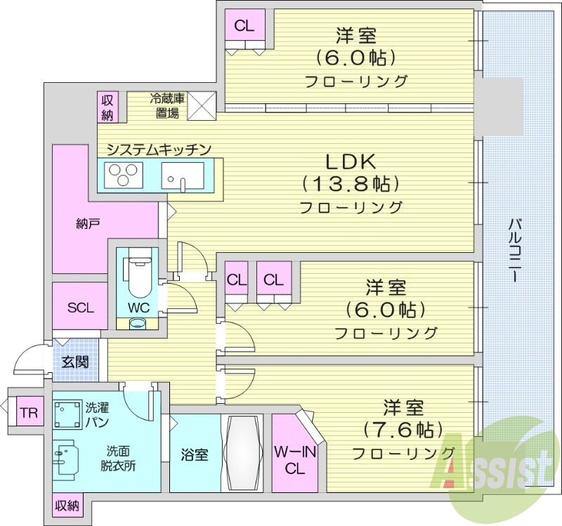 3LDK、システムキッチン、シャワートイレ、追い焚き