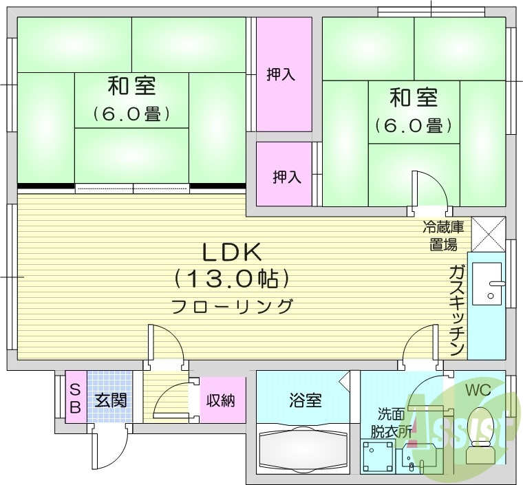 2LDK、独立洗面台、灯油暖房、トランクルーム