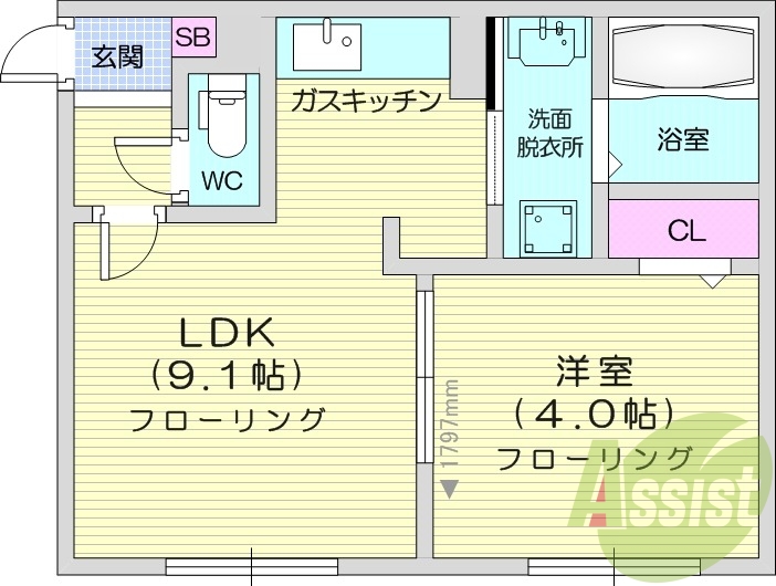 1LDK、オートロック、都市ガス、ネット使用料無料