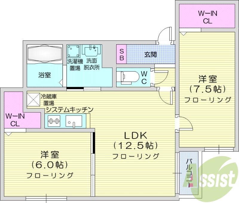 2LDK、エアコン、システムキッチン、ネット使用料不要