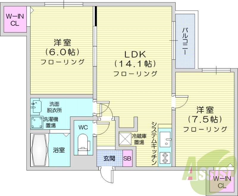 2LDK、エアコン、システムキッチン、ネット使用料不要
