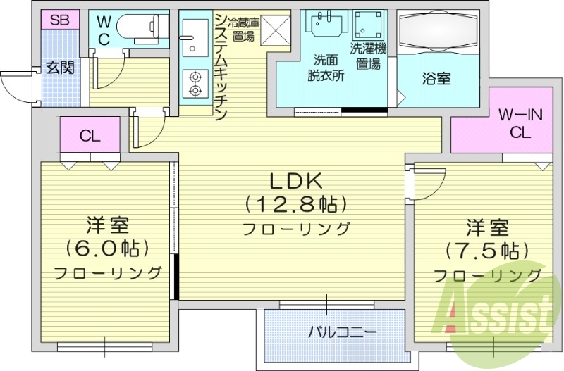 2LDK、エアコン、システムキッチン、ネット使用料不要