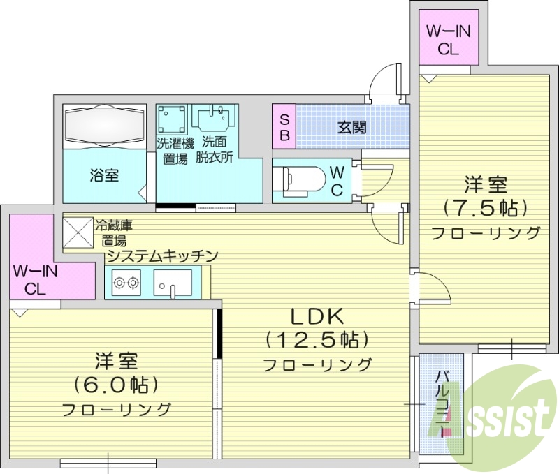 2LDK、エアコン、システムキッチン、ネット使用料不要