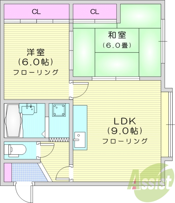 2LDK、洗面台、ガスキッチン、灯油暖房