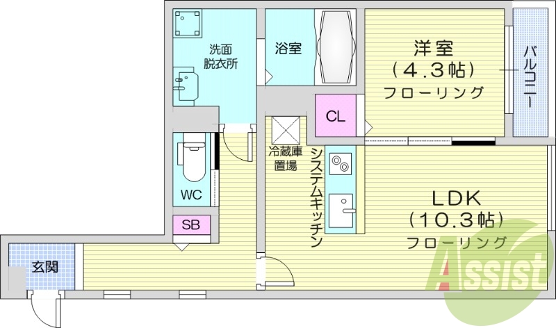 1LDK、都市ガス、エアコン、システムキッチン、追い焚き