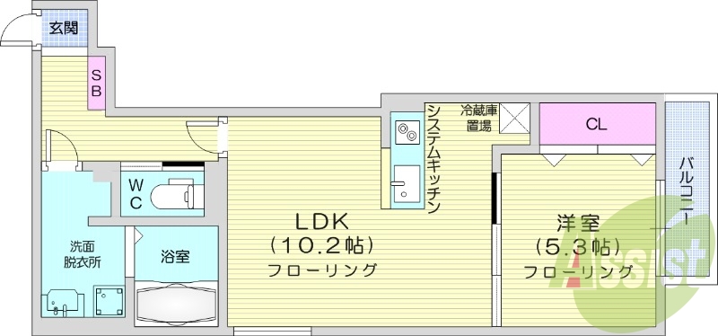1LDK、都市ガス、エアコン、システムキッチン、追い焚き